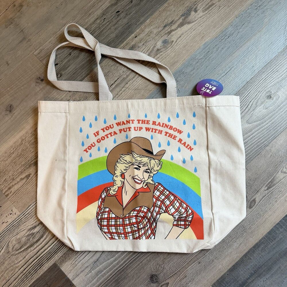 New Dolly Parton Large Tote Bag White Canvas Country Music USA Cowgirl Rainbow